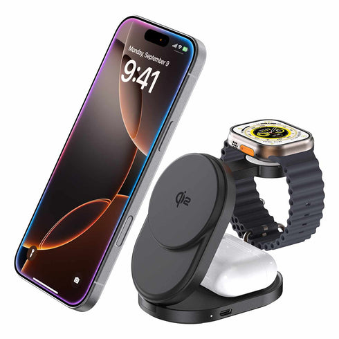 Blu Element Qi2 3-in-1 Foldable Wireless Charging Stand 15W MagSafe-Compatible Black BEWCQi23IN1F