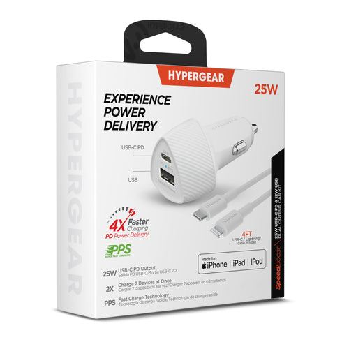 HyperGear SpeedBoost 25W USB-C PD + 12W USB Fast CLA Car Charger w/ PPS 4ft Lightning Cable 15623