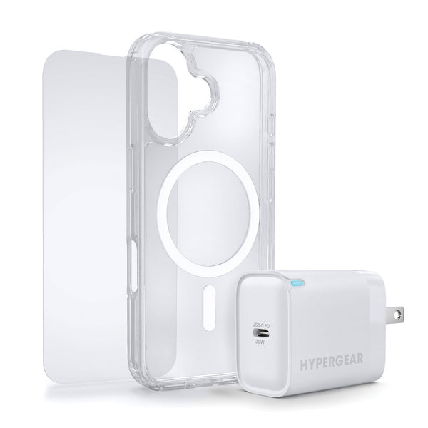 HyperGear Accessory Bundle for iPhone 16 Series 20W Hub, Glass, Case w/ Magsafe for iPhone 16 Series 16297