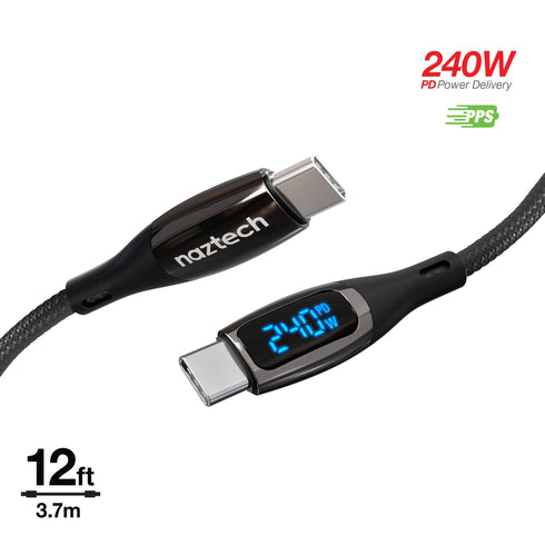Naztech 12 ft DigiWATT 240W USB-C to USB-C Digital Fast Charge Cable with LED Power Display 16105