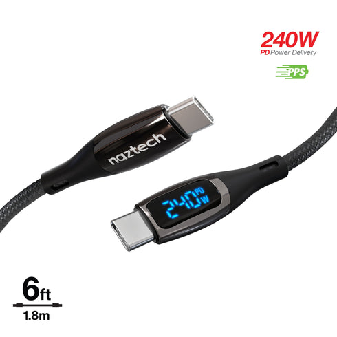 Naztech 6 ft DigiWATT 240W USB-C to USB-C Digital Fast Charge Cable with LED Power Display 16104