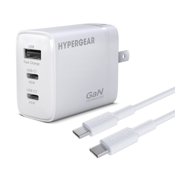HyperGear 45W Tri-Port Dual USB-C + Single USB-A Wall Charger w/6 ft USB-C to USB-C Cable 16239