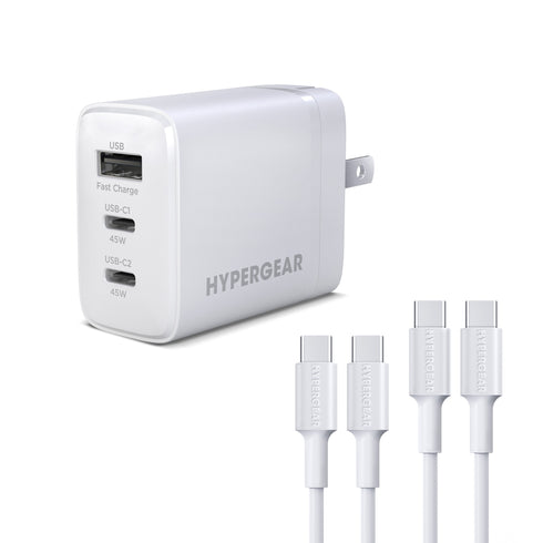 HyperGear 45W Tri-Port Dual USB-C + Single USB-A Wall Charger w/6ft+3ft USB-C to USB-C Cable 16240
