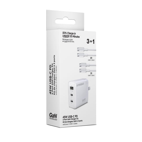 HyperGear 45W Tri-Port Dual USB-C + Single USB-A Wall Charger w/6ft+3ft USB-C to USB-C Cable 16240