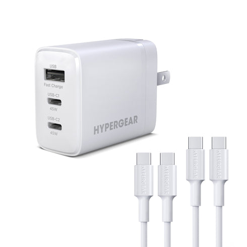 HyperGear 45W Tri-Port Dual USB-C + Single USB-A Wall Charger w/6ft+3ft USB-C to USB-C Cable 16240