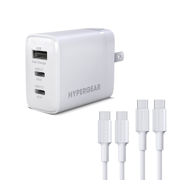 HyperGear 45W Tri-Port Dual USB-C + Single USB-A Wall Charger w/6ft+3ft USB-C to USB-C Cable 16240