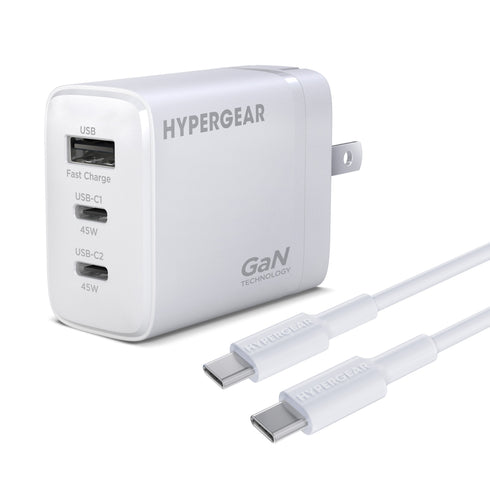 HyperGear 45W Tri-Port Dual USB-C + Single USB-A Wall Charger w/6 ft USB-C to USB-C Cable 16239