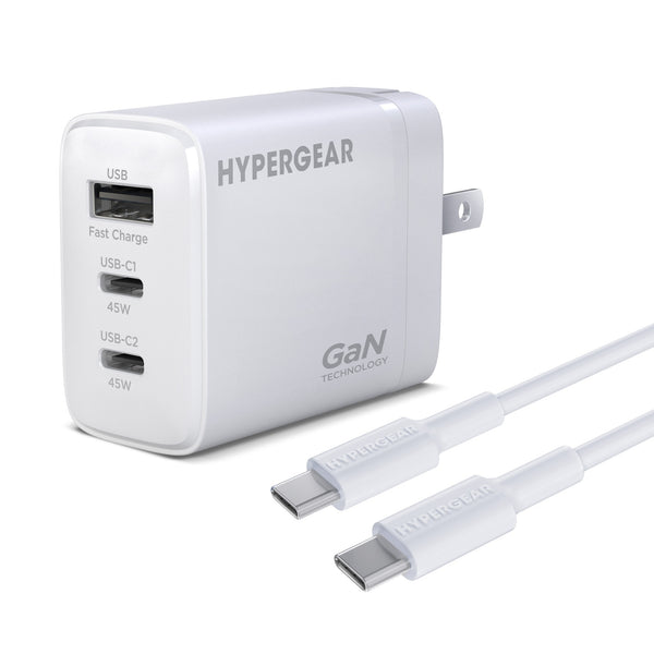 HyperGear 45W Tri-Port Dual USB-C + Single USB-A Wall Charger w/6 ft USB-C to USB-C Cable 16239