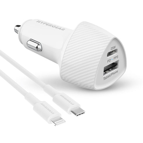 HyperGear SpeedBoost 25W USB-C PD + 12W USB Fast CLA Car Charger w/ PPS 4ft Lightning Cable 15623