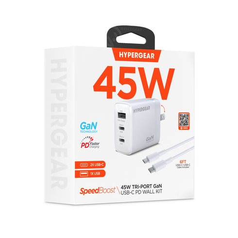 HyperGear 45W Tri-Port Dual USB-C + Single USB-A Wall Charger w/6 ft USB-C to USB-C Cable 16239