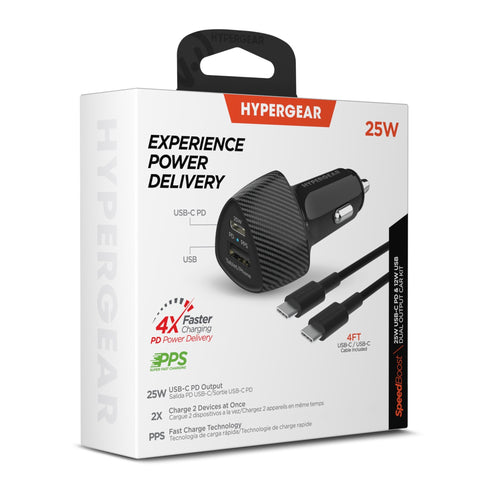 HyperGear SpeedBoost 25W USB-C PD + 12W USB Fast CLA Car Charger w/ PPS 4ft Lightning Cable 15622