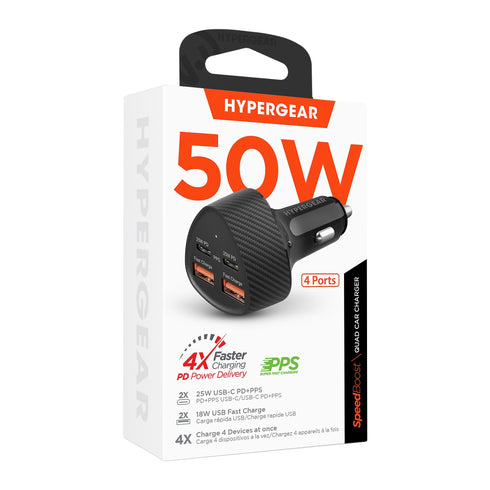 HyperGear SpeedBoost 50W Dual USB-C + Dual USB-A CLA Fast Charge Car Charger - Black 15785