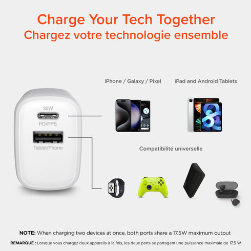 HyperGear 30W Dual Port USB-C PD 30W Max + USB-A 18W Max Wall Charger Hub - White 15821HIT