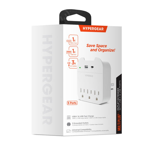 HyperGear Multi Plug 5 Outlet Extender with USB-C + USB Ports 15705