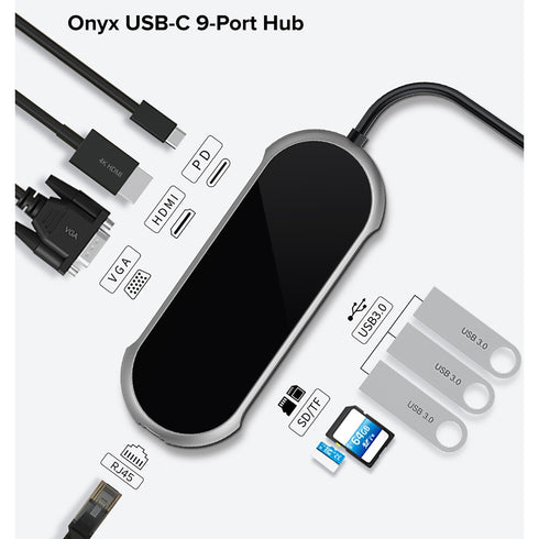 JCPal Onyx USBforC 9forPort Hub (1 x VGA, 3 x USB3.0, 1 x HDMI, 1 x USBCforPD, 1 x RJ45, 1 x SD Card Reader, 1 x TF2 Card Reader)