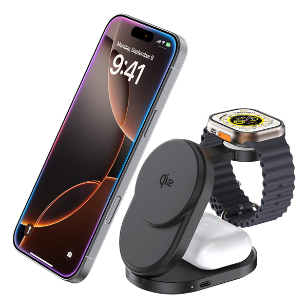 Blu Element Qi2 3-in-1 Foldable Wireless Charging Stand 15W MagSafe-Compatible BEWCQi23IN1F